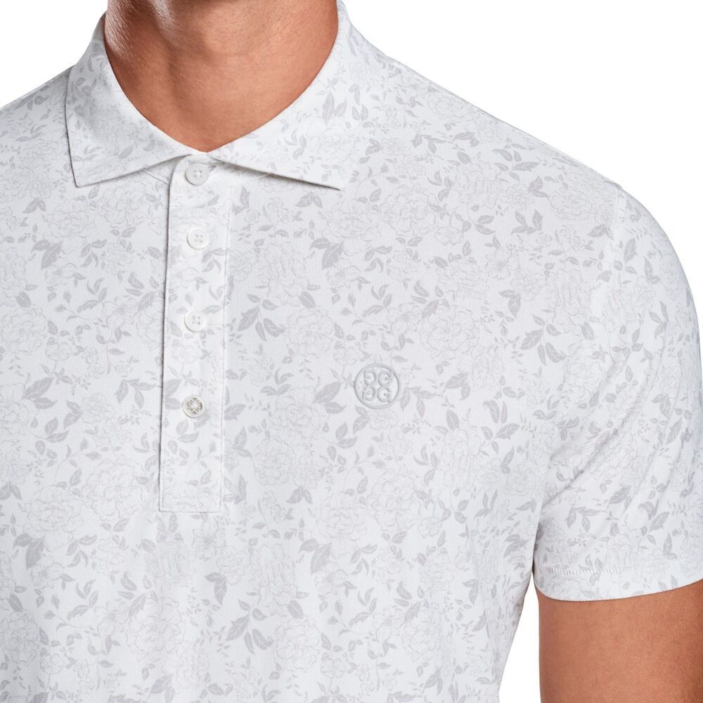 G/FORE Men's Neutral Floral Tech Pique Polo Morningside CA Snow Large